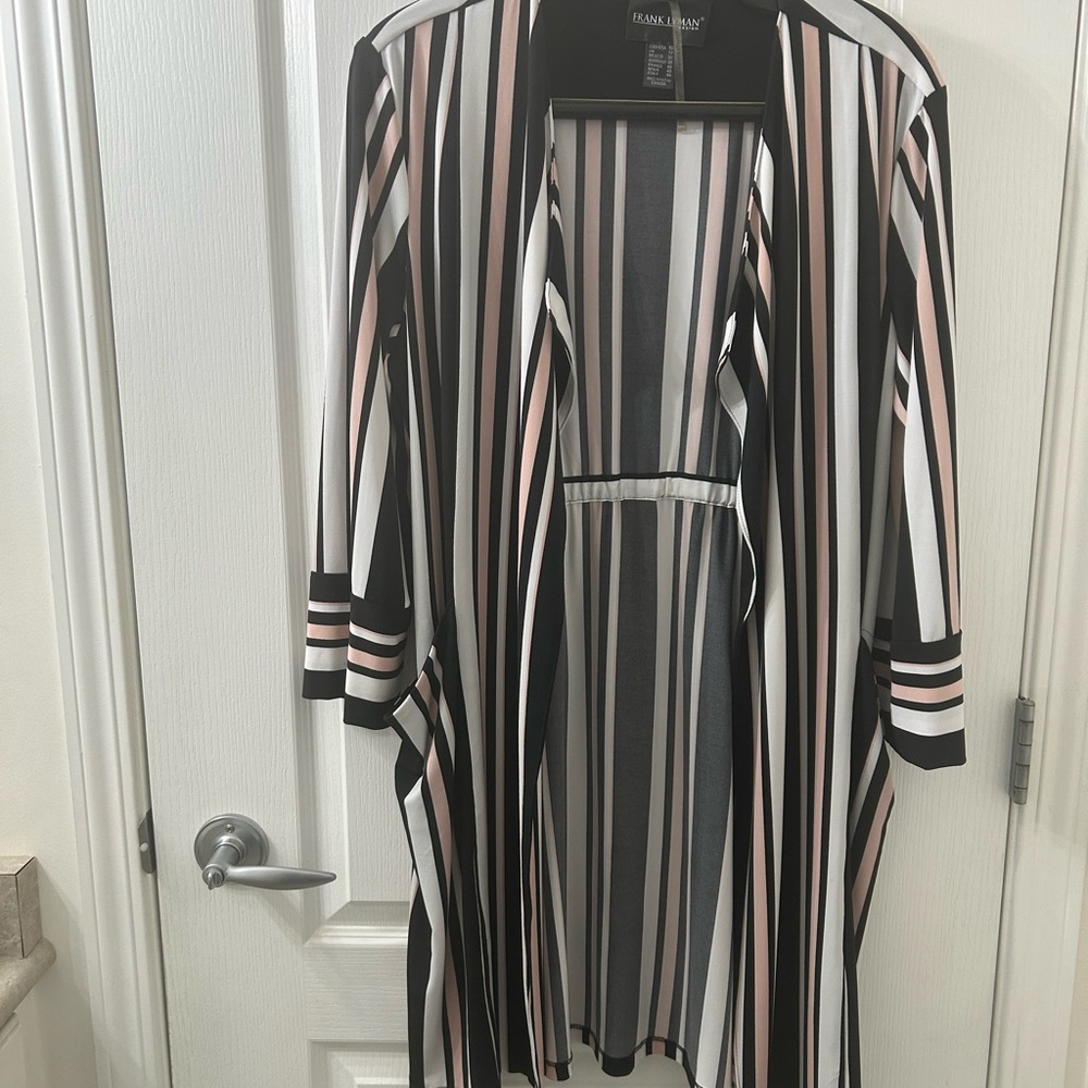 FRANK LYMAN Open-Front Long Cardigan Black Pink White Jersey Stripe